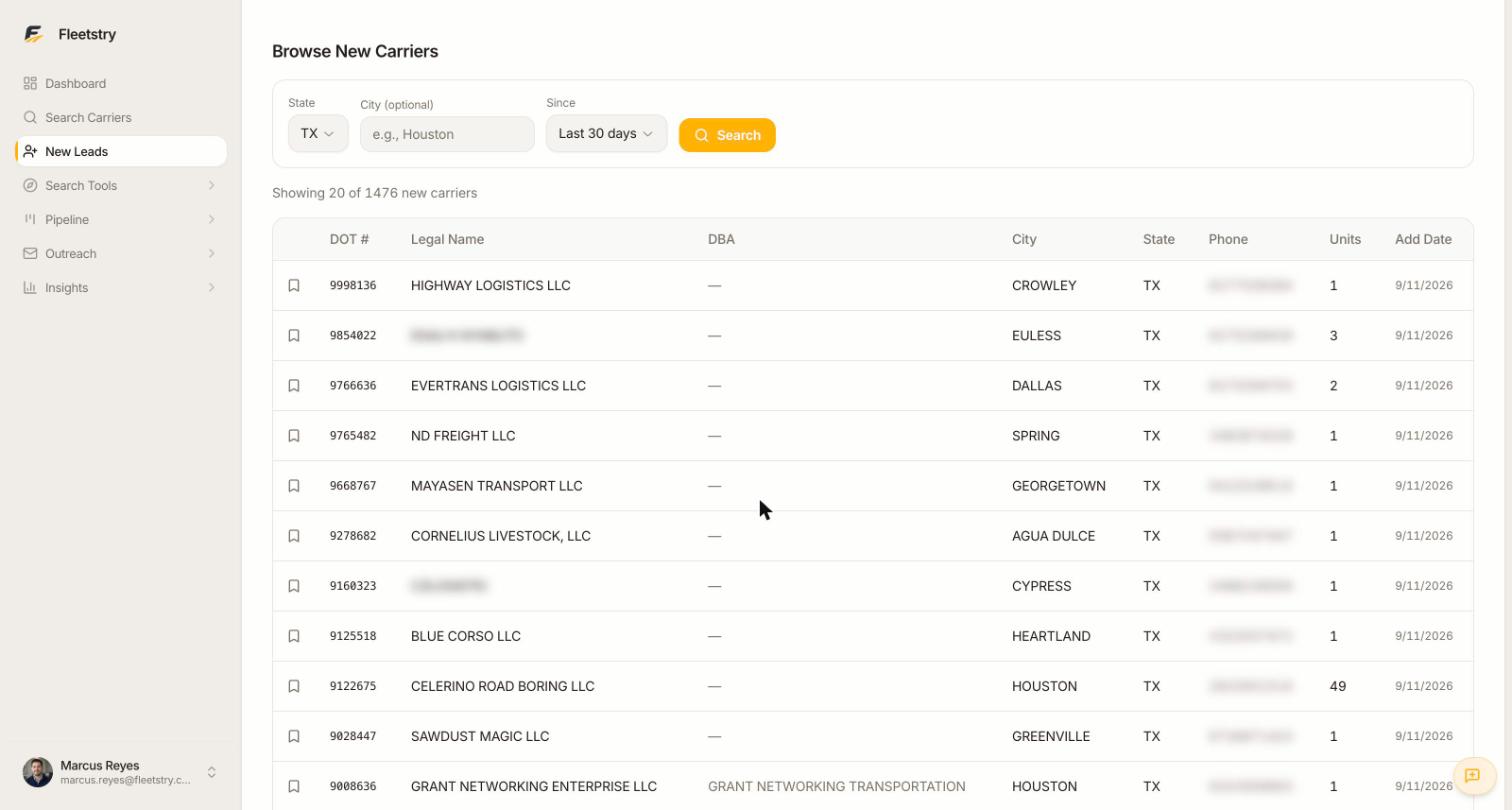 The New Carrier Leads screen, showing newly registered carriers filtered by state with DOT number, location, fleet size and registration date.